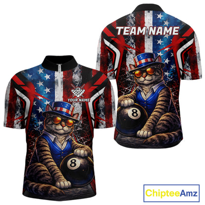 Funny Cat 8 Ball Billiard Shirt For Men Custom Vintage US Flag Pool Team Jersey Polo & 1/4 Zip TDM5983