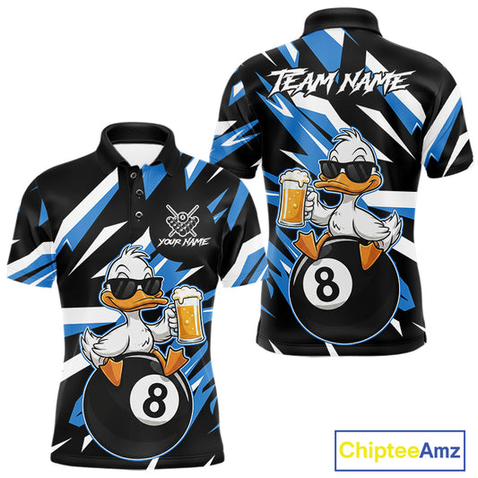 Custom Blue Funny Duck 8 Ball Pool Billiard Shirt For Men, Billiard Team Jersey Polo & 1/4 Zip TDM6450