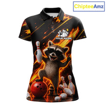 Load image into Gallery viewer, Funny raccoon flame bowling polo shirt for women, custom bowling team jersey and bowling gift.
