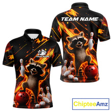Load image into Gallery viewer, Funny raccoon flame bowling team polo shirt for men with playful raccoon artwork.