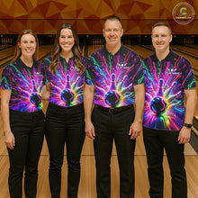Load image into Gallery viewer, Bowling team wearing matching colorful glowing bowling jerseys front view.