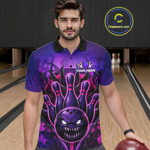 Load image into Gallery viewer, Man wearing purple neon monster bowling polo shirt front view.