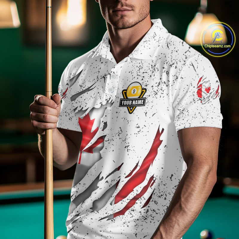 9 Ball Pool Canada Flag White Grunge Custom Men's Billiard Shirt, Patriotic Pool Team Shirts TDM5139