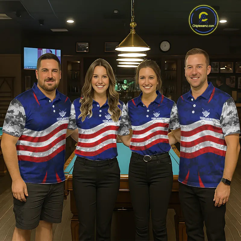 Personalized Camo American Flag Billiard Shirt For Men, Patriotic Pool Jersey Team Polo & 1/4 Zip TDM5609