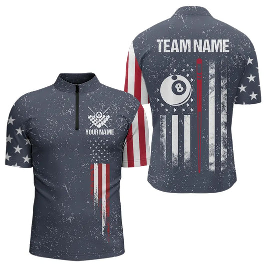 Grunge Navy American Flag 8 Ball Billiard Shirt For Men Custom Patriotic Billiard Shirt Pool Jersey TDM3663