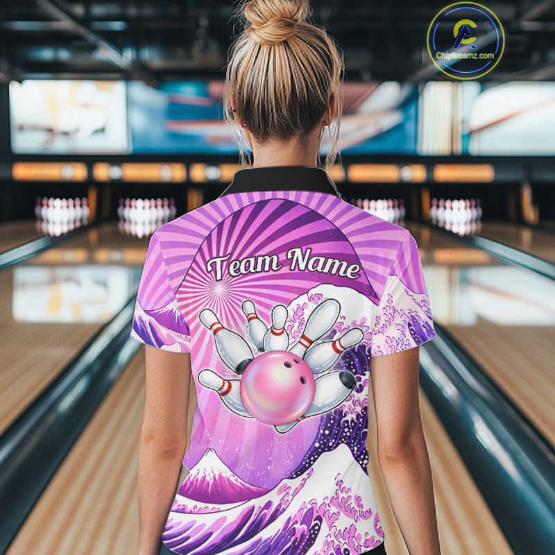 Pink And Purple Funny Waves Ocean Bowling Shirt For Women Custom Bowling Jersey Polo & 1/4 Zip TDM6224