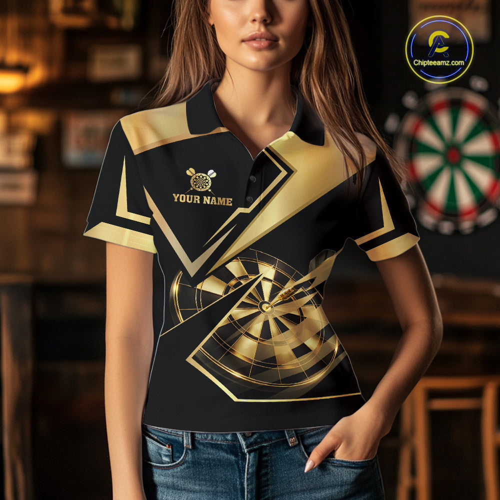 Black And Gold Darts Polo & 1/4 Zip For Women Custom Darts Jersey, Darts Tournament Team Shirt TDM6226