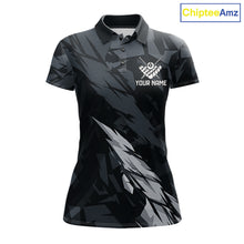 Load image into Gallery viewer, Women’s black and grey 8 ball pool polo shirt with modern billiard league graphics.