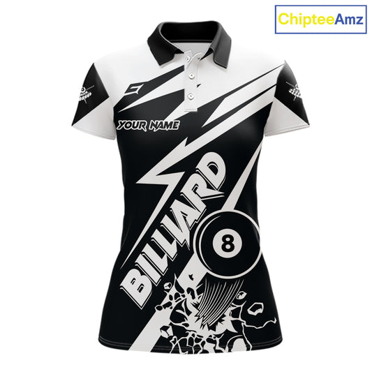 Women’s funny black and white 8 ball pool polo shirt with playful billiard team graphics.
