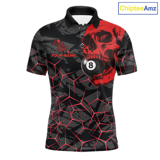 Men’s red skull 8 ball pool polo shirt with bold billiard graphics for league and tournament play.