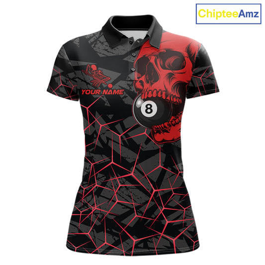 Women’s red skull 8 ball pool polo shirt with bold billiard graphics for league and tournament play.