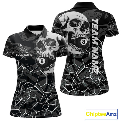 Women’s black and white 8 ball skull pool polo shirt with monochrome billiard team graphics.