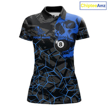 Load image into Gallery viewer, Women’s blue skull 8 ball pool polo shirt with bold billiard league graphics and team style.
