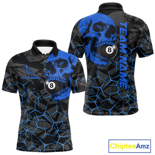 Men’s blue skull 8 ball pool polo shirt with bold billiard league graphics and team style.