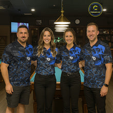 Load image into Gallery viewer, Pool team wearing matching blue skull billiard jerseys during tournament play front view.