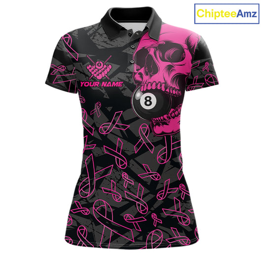Women’s pink ribbon skull 8 ball pool polo shirt for breast cancer awareness events and league play.
