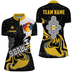 Personalized Yellow Black 9 Ball Pool Women Billiard Shirts Custom Grunge 9 Ball Billiard Team Shirts TDM1936