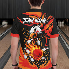 Load image into Gallery viewer, Man wearing black and orange flame eagle bowling polo shirt back view.