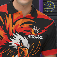 Load image into Gallery viewer, Close up of black and orange flame eagle bowling polo shirt collar, buttons and chest design.