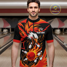 Load image into Gallery viewer, Man wearing black and orange flame eagle bowling quarter zip shirt front view.