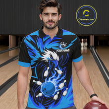 Load image into Gallery viewer, Man wearing black and blue flame eagle bowling polo shirt front view.