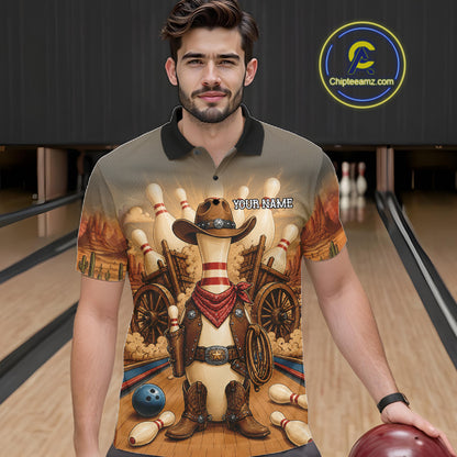 Man wearing funny cowboy bowling polo shirt front view.