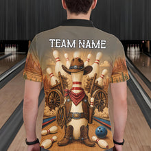 Load image into Gallery viewer, Man wearing funny cowboy bowling polo shirt back view.