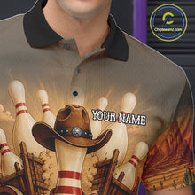 Load image into Gallery viewer, Close up of funny cowboy bowling polo shirt collar, buttons and chest design.