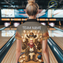 Load image into Gallery viewer, Woman wearing funny cowboy bowling polo shirt back view.