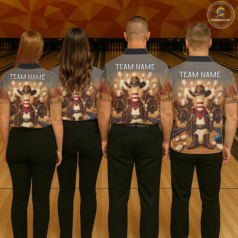 Bowling team wearing matching funny cowboy jerseys back view.