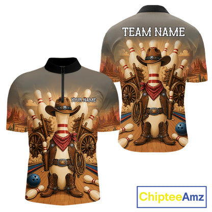 Funny cowboy bowling quarter zip shirt for men.
