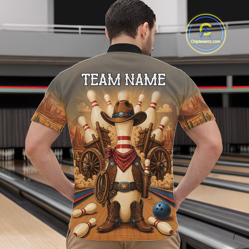 Man wearing funny cowboy bowling quarter zip shirt back view.