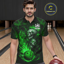 Load image into Gallery viewer, Green Flaming Skull Bowling Shirts For Men Custom Fire Bowling Team Jersey Polo &amp; Quarter Zip TDM5618