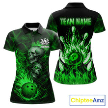 Load image into Gallery viewer, Green Flaming Skull Bowling Shirts For Women Custom Fire Bowling Team Jersey Polo &amp; Quarter Zip TDM5618