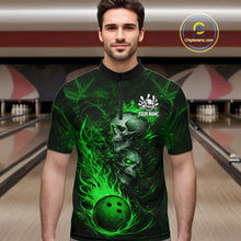 Load image into Gallery viewer, Green Flaming Skull Bowling Shirts For Men Custom Fire Bowling Team Jersey Polo &amp; Quarter Zip TDM5618