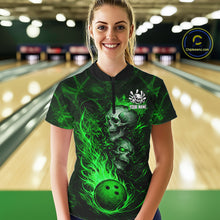 Load image into Gallery viewer, Green Flaming Skull Bowling Shirts For Women Custom Fire Bowling Team Jersey Polo &amp; Quarter Zip TDM5618