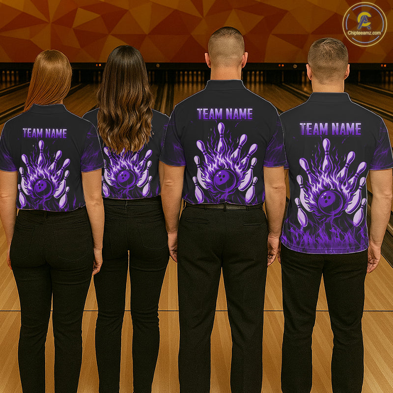 Purple Flaming Skull Bowling Shirts For Men Custom Fire Bowling Team Jersey Polo & Quarter Zip TDM5619