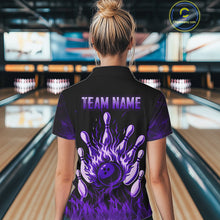 Load image into Gallery viewer, Purple Flaming Skull Bowling Shirts For Women Custom Fire Bowling Team Jersey Polo &amp; Quarter Zip TDM5619