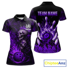 Load image into Gallery viewer, Purple Flaming Skull Bowling Shirts For Women Custom Fire Bowling Team Jersey Polo &amp; Quarter Zip TDM5619