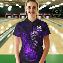 Load image into Gallery viewer, Purple Flaming Skull Bowling Shirts For Women Custom Fire Bowling Team Jersey Polo &amp; Quarter Zip TDM5619