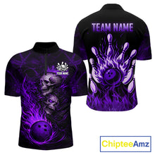 Load image into Gallery viewer, Purple Flaming Skull Bowling Shirts For Men Custom Fire Bowling Team Jersey Polo &amp; Quarter Zip TDM5619