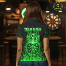 Load image into Gallery viewer, Green Flaming Skull Darts Polo &amp; Quarter Zip Custom Fire Darts Shirt For Women, Darts Team Jersey TDM5621