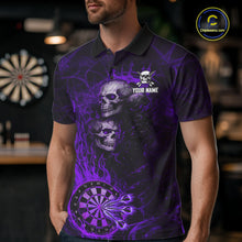 Load image into Gallery viewer, Purple Flaming Skull Darts Polo &amp; Quarter Zip Custom Fire Darts Shirt For Men, Darts Team Jersey TDM5622