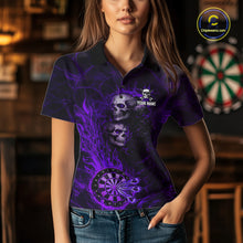Load image into Gallery viewer, Purple Flaming Skull Darts Polo &amp; Quarter Zip Custom Fire Darts Shirt For Women, Darts Team Jersey TDM5622