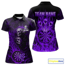 Load image into Gallery viewer, Purple Flaming Skull Darts Polo &amp; Quarter Zip Custom Fire Darts Shirt For Women, Darts Team Jersey TDM5622