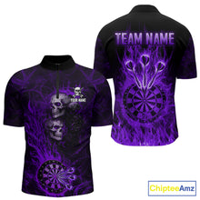 Load image into Gallery viewer, Purple Flaming Skull Darts Polo &amp; Quarter Zip Custom Fire Darts Shirt For Men, Darts Team Jersey TDM5622