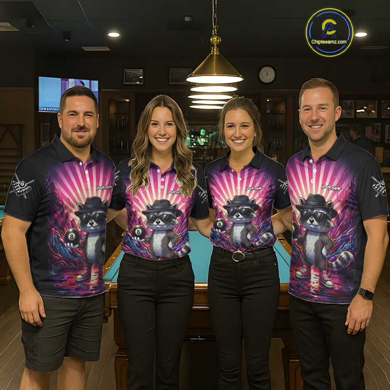 Funny Raccoon 8 Ball Billiard Shirt For Men Custom Pink Graffiti Pool Jersey Team Polo & 1/4 Zip TDM5998