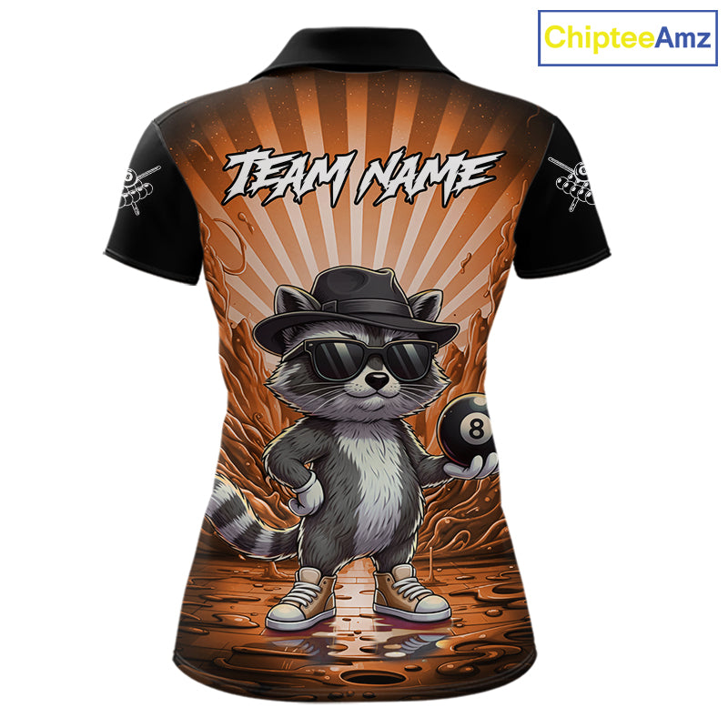 Funny Raccoon 8 Ball Billiard Shirt For Women Custom Orange Graffiti Pool Jersey Team Polo & 1/4 Zip TDM5999
