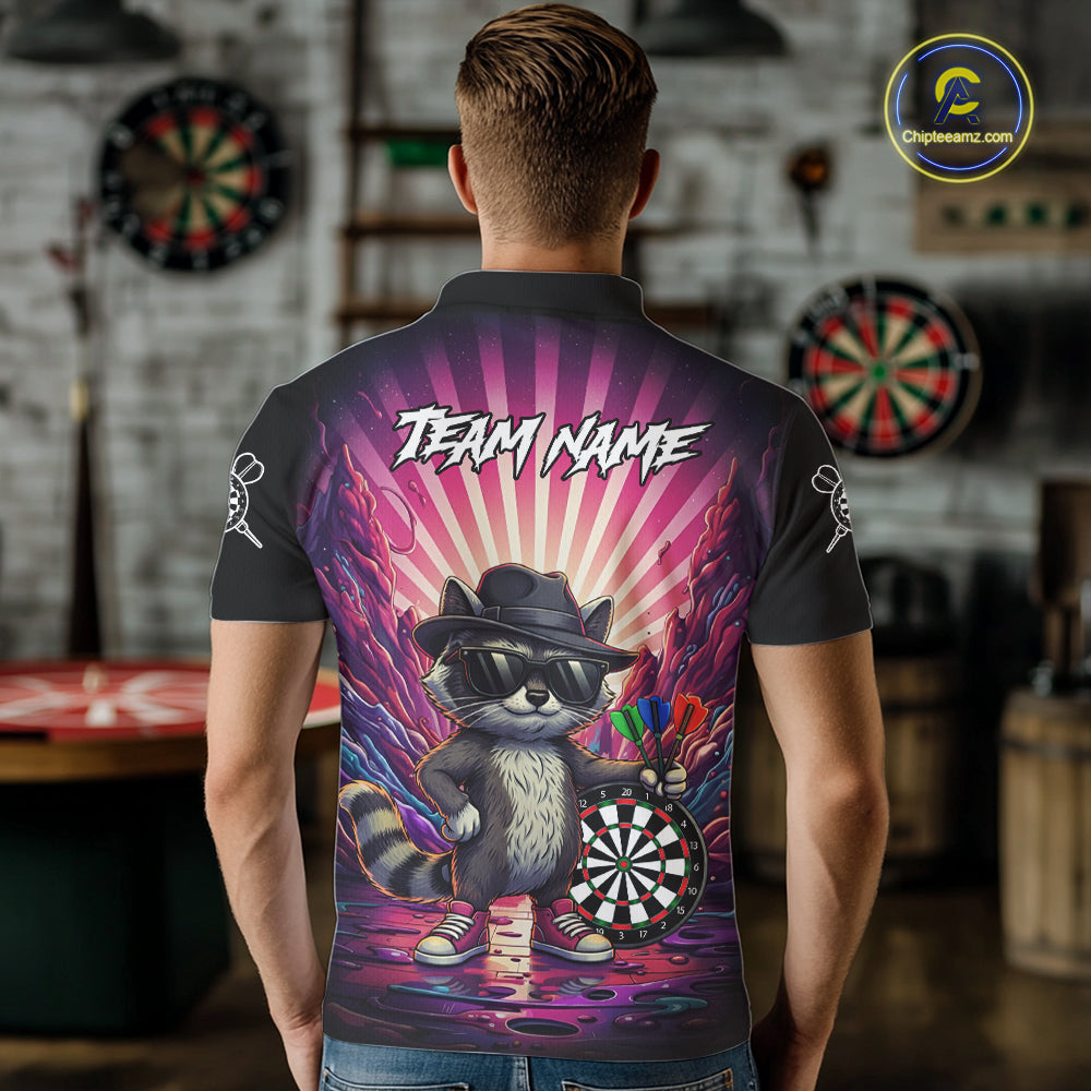 Pink Funny Raccoon Neon Graffiti Darts Shirt For Men Custom Darts Jersey Team Polo & 1/4 Zip TDM6000
