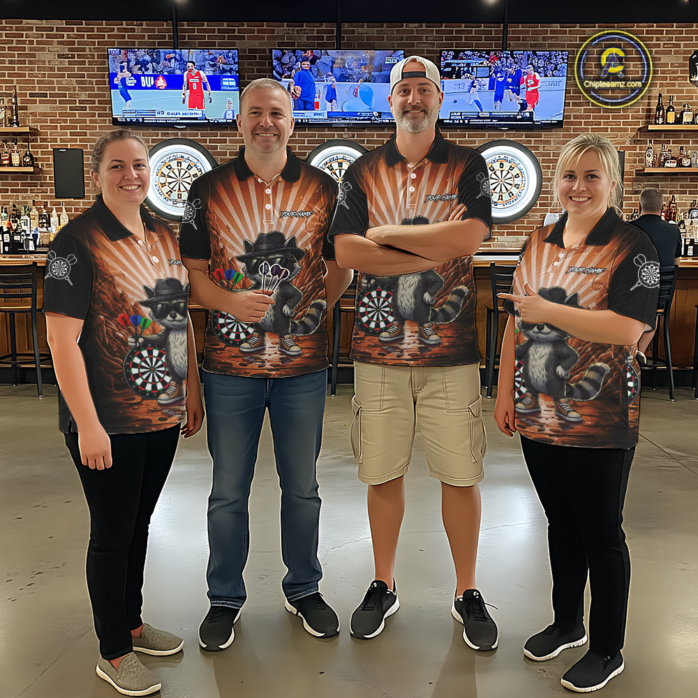 Orange Funny Raccoon Neon Graffiti Darts Shirt For Men Custom Darts Jersey Team Polo & 1/4 Zip TDM6001